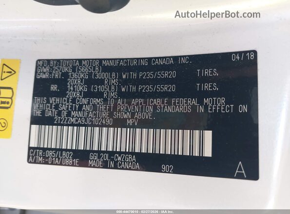 2T2ZZMCA9JC102490 2018 LEXUS RX 350 Белый Вид подкапотного пространства