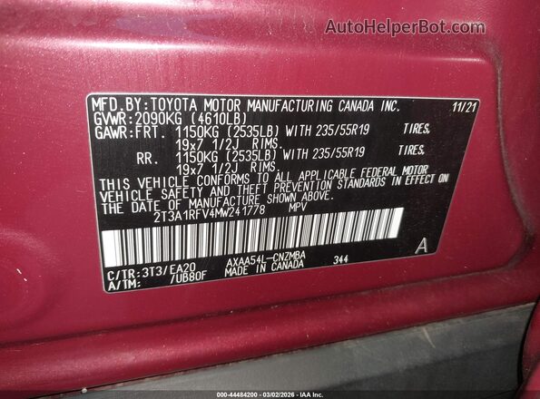 2T3A1RFV4MW241778 2021 TOYOTA LE Красный Вид подкапотного пространства