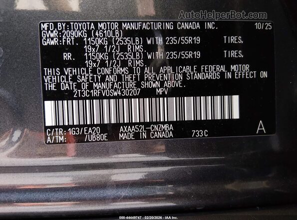 2T3C1RFV0SW430207 2025 TOYOTA LE Gray ძრავის განყოფილების ხედი