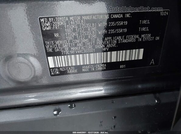 2T3C1RFV4RC302001 2024 TOYOTA LE Серый Вид подкапотного пространства