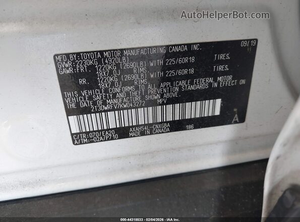 2T3DWRFV7KW043272 2019 TOYOTA LIMITED White ძრავის განყოფილების ხედი