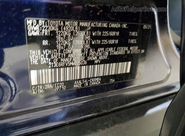 2T3E6RFV5MW025036 2021 TOYOTA RAV4 Blue Widok naklejki z numerem VIN