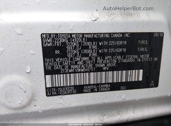 2T3EWRFV9KW040751 2019 TOYOTA RAV4 HYBRID White Widok komory silnika