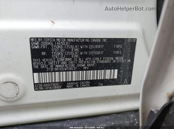 2T3F1RFV2LW128237 2020 TOYOTA LE White Widok komory silnika