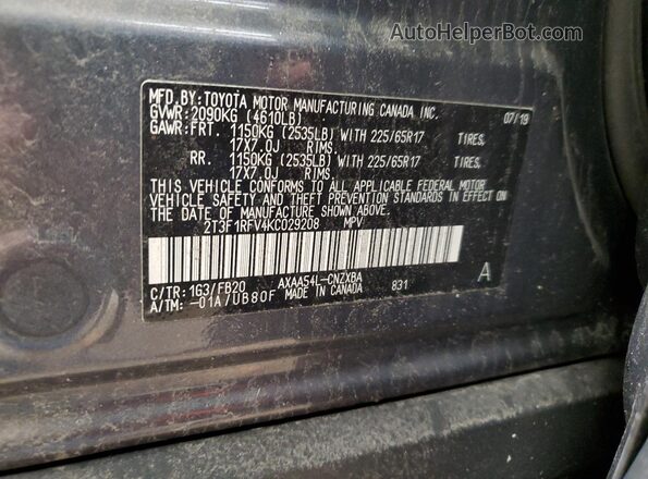 2T3F1RFV4KC029208 2019 TOYOTA LE Gray Вид наклейки з VIN-кодом