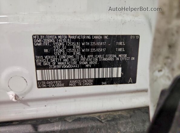 2T3H1RFV0KW004443 2019 TOYOTA LE Белый Вид наклейки с VIN-кодом