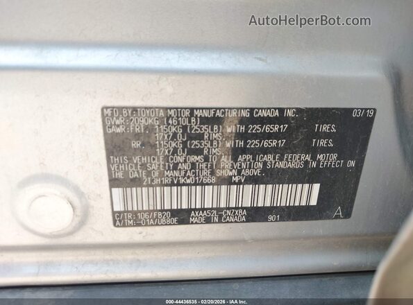 2T3H1RFV1KW017668 2019 TOYOTA LE Silver Widok komory silnika