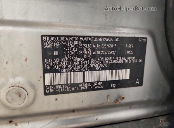 2T3H1RFV3KC020749 2019 TOYOTA LE White VIN კოდის სტიკერის ხედი