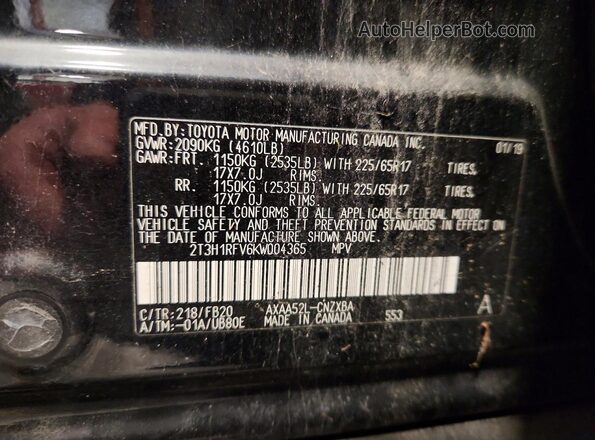 2T3H1RFV6KW004365 2019 TOYOTA LE Black Widok naklejki z numerem VIN