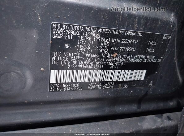 2T3H1RFV6KW012711 2019 TOYOTA LE Gray Vista del compartimento del motor