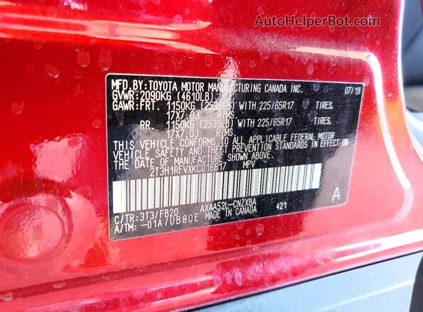 2T3H1RFVXKC016617 2019 TOYOTA LE Red Widok naklejki z numerem VIN