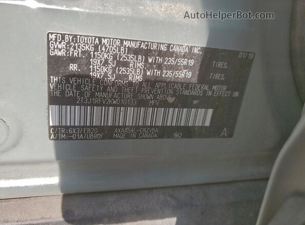 2T3J1RFV2KW010133 2019 TOYOTA RAV4 Серый Вид наклейки с VIN-кодом