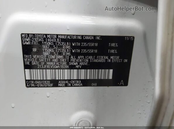 2T3JFREV5GW419284 2016 TOYOTA RAV4 Белый Вид подкапотного пространства
