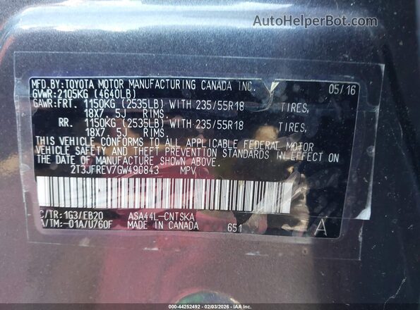 2T3JFREV7GW490843 2016 TOYOTA RAV4 Gray Շարժիչի բաժամունքի տեսք