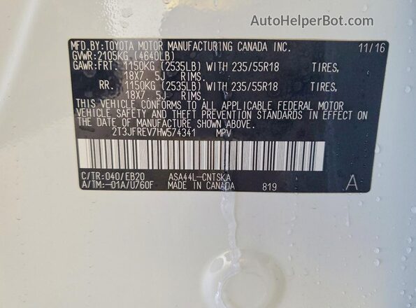 2T3JFREV7HW574341 2017 TOYOTA RAV4 White Widok naklejki z numerem VIN