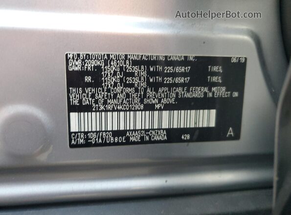 2T3K1RFV4KC012908 2019 TOYOTA LE Silver Vista interior de 360 grados