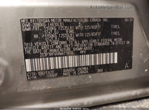 2T3P1RFV4RW471970 2024 TOYOTA LE Серебряный Вид подкапотного пространства