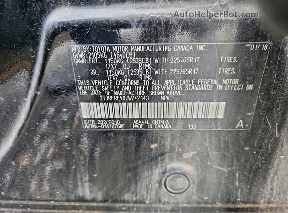 2T3RFREVXJW742143 2018 TOYOTA RAV4 Черный Вид наклейки с VIN-кодом