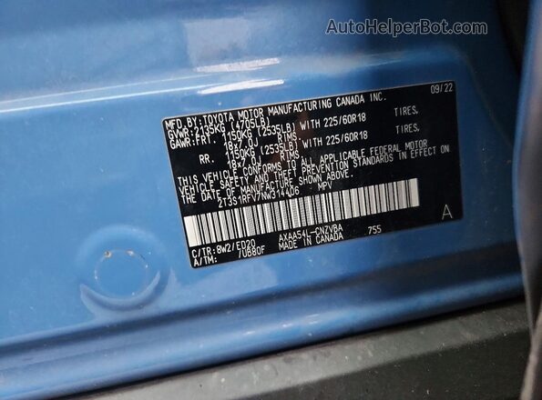 2T3S1RFV7NW314406 2022 TOYOTA RAV4 Blue VIN կոդի պիտակի տեսք