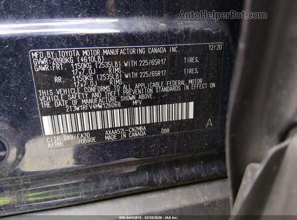 2T3W1RFV4MW126068 2021 TOYOTA LE Синий Вид подкапотного пространства