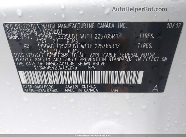 2T3WFREV2JW422074 2018 TOYOTA LE White Vista del compartimento del motor