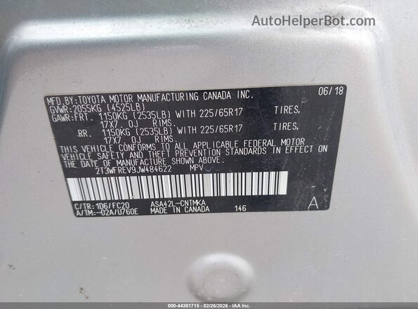 2T3WFREV9JW484622 2018 TOYOTA LE Gray Widok komory silnika