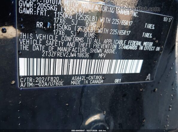 2T3ZFREV2JW418636 2018 TOYOTA LE Черный Вид подкапотного пространства