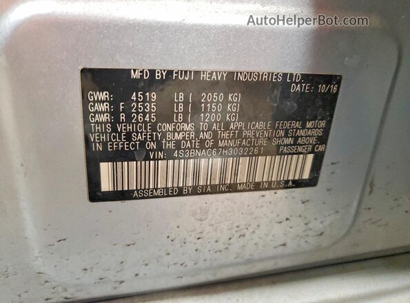 4S3BNAC67H3032261 2017 SUBARU LEGACY Серебряный Вид наклейки с VIN-кодом