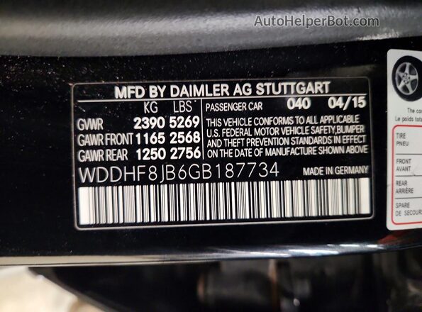 WDDHF8JB6GB187734 2016 MERCEDES-BENZ E Черный Вид наклейки с VIN-кодом
