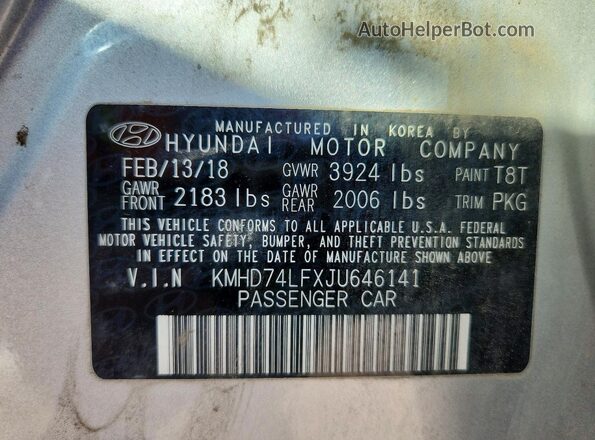 KMHD74LFXJU646141 2018 HYUNDAI ELANTRA Серебряный Панорамный вид салона 360°
