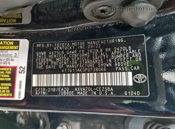 4T1G11AK3PU738066 2023 TOYOTA CAMRY Черный Вид наклейки с VIN-кодом