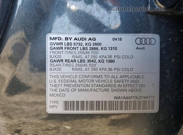 WA1A4AFYXJ2164772 2018 AUDI SQ5 Серый Панорамный вид салона 360°