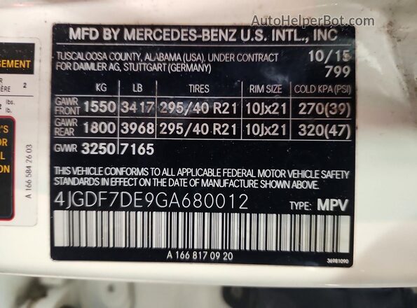 4JGDF7DE9GA680012 2016 MERCEDES-BENZ GL-CLASS Белый Панорамный вид салона 360°