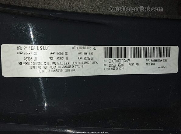 3C3CFFAR2GT170499 2016 FIAT 500 Серый Вид подкапотного пространства