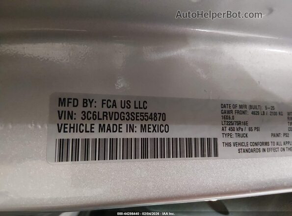3C6LRVDG3SE554870 2025 RAM PROMASTER 2500 Серебряный Вид подкапотного пространства