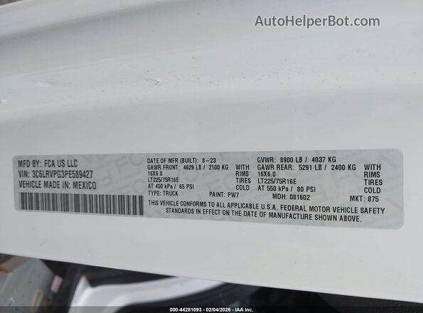 3C6LRVPG3PE589427 2023 RAM PROMASTER 2500 Белый Вид наклейки с VIN-кодом