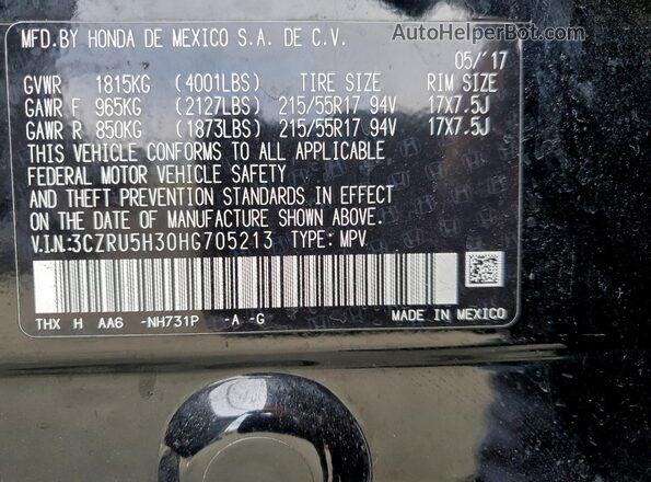 3CZRU5H30HG705213 2017 HONDA HR-V Черный Вид наклейки с VIN-кодом