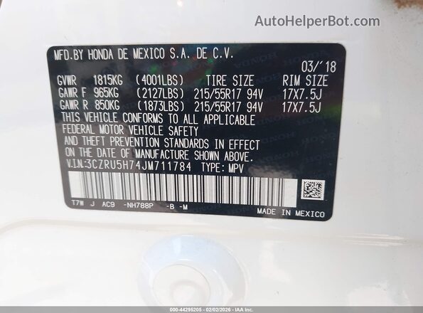 3CZRU5H74JM711784 2018 HONDA HR-V White Vista del compartimento del motor
