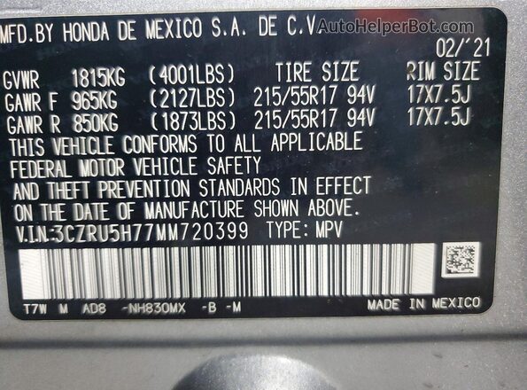 3CZRU5H77MM720399 2021 HONDA HR-V Серебряный Вид наклейки с VIN-кодом