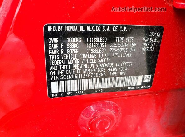 3CZRU6H13KG700695 2019 HONDA HR-V Красный Вид наклейки с VIN-кодом