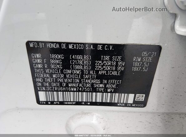 3CZRU6H16MM747501 2021 HONDA HR-V Белый Вид подкапотного пространства