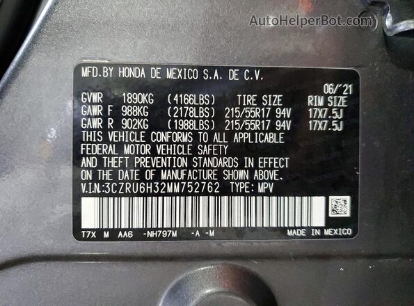 3CZRU6H32MM752762 2021 HONDA HR-V Серый Вид наклейки с VIN-кодом