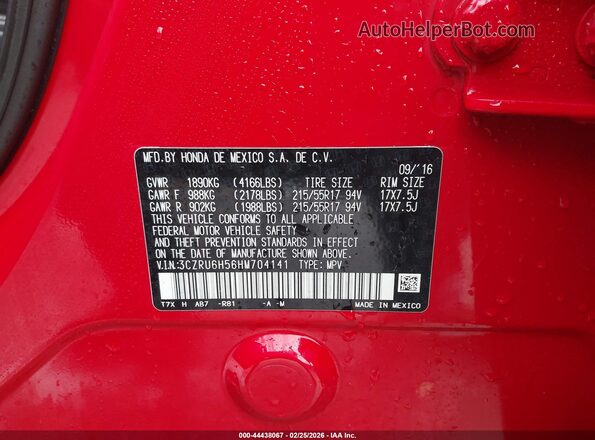 3CZRU6H56HM704141 2017 HONDA HR-V Red Widok komory silnika