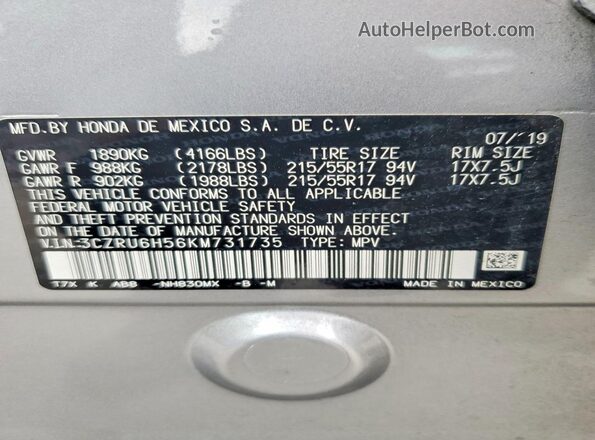 3CZRU6H56KM731735 2019 HONDA HR-V Серебряный Вид наклейки с VIN-кодом