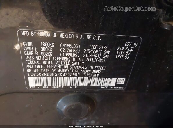 3CZRU6H58KM733955 2019 HONDA HR-V Black Widok komory silnika