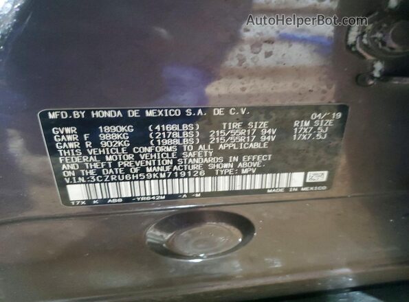 3CZRU6H59KM719126 2019 HONDA HR-V Charcoal Vista de la etiqueta del VIN