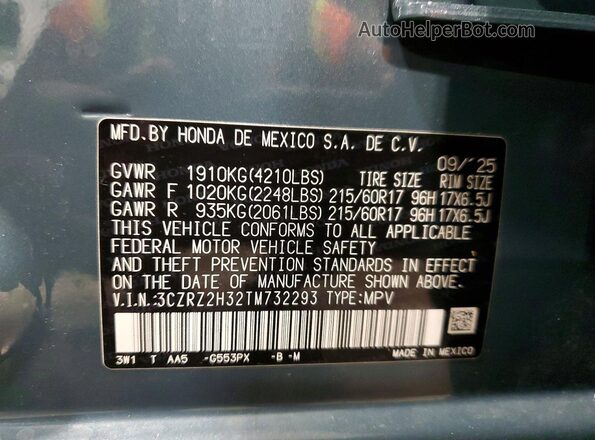3CZRZ2H32TM732293 2026 HONDA HR-V Blue Вид наклейки з VIN-кодом