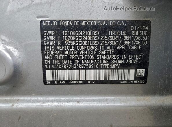 3CZRZ2H33RM759916 2024 HONDA HR-V Серебряный Вид наклейки с VIN-кодом
