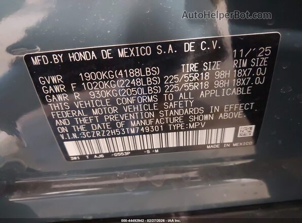 3CZRZ2H53TM749301 2026 HONDA HR-V Gray Widok komory silnika