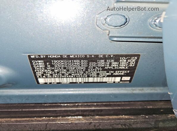 3CZRZ2H5XRM740328 2024 HONDA HR-V Синий Панорамный вид салона 360°